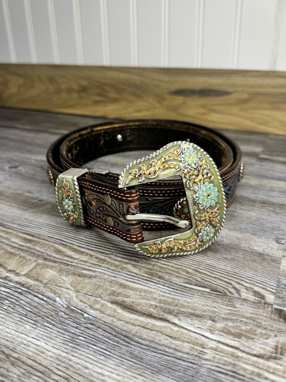 Nocona Womens Western Belt Brown Tooled Leather Floral Turquoise Rhinestones XL